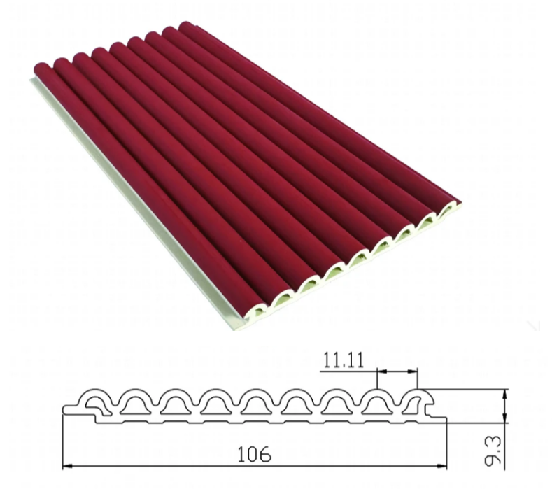 Technical drawing and real shot of a 106mm WPC semi-circle wave panel, featuring a 9.3mm slim profile and 11.11mm radius rounded slats in a deep burgundy wood grain finish.