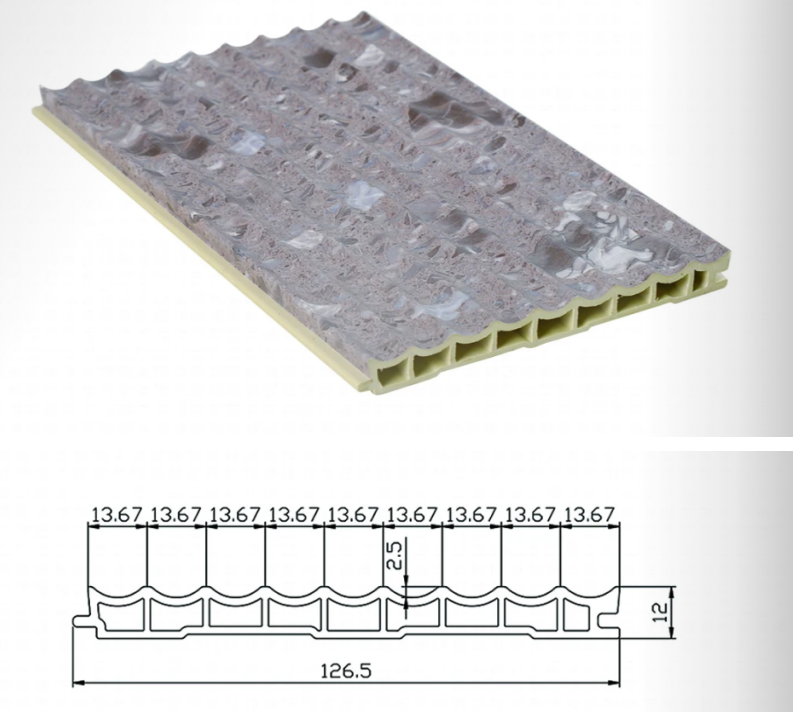 Technical drawing and product photo of a 126.5mm WPC small wave panel, featuring 12mm thickness and 13.67mm width micro-arches with a luxury stone/marble texture finish for decorative wall cladding.