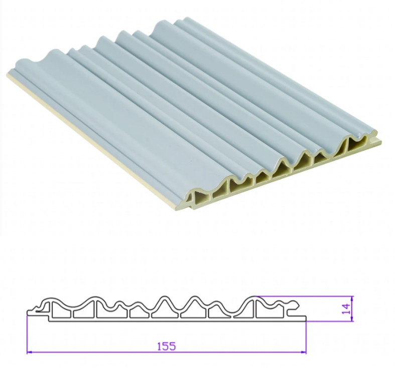 Technical drawing and product photo of 155mm WPC coral wall panel, featuring a 14mm profile thickness and unique organic multi-layered ridges with a seamless interlocking system for decorative interiors.