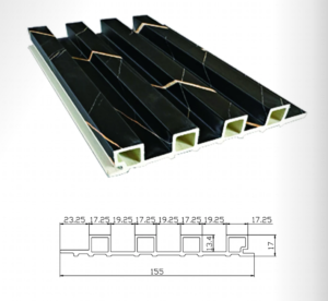 Cross-section and technical dimensions of 155mm WPC great wall panel with Sahara Black Gold marble texture.