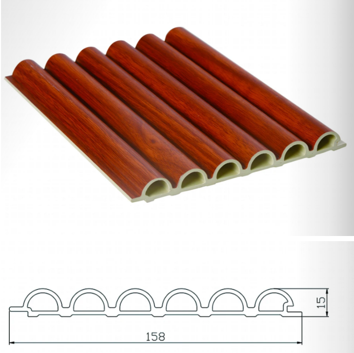 158mm wide WPC circular fluted panel specification, 15mm profile thickness with 6-arch wave design in teak wood finish, including detailed CAD dimension diagram.