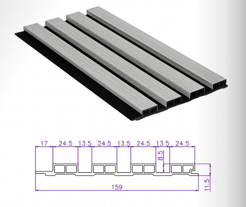 159mm semi-coated WPC fluted wall panel blueprint, featuring a 11.5mm slim profile and grey wood grain texture with black grooves for modern office interior design.