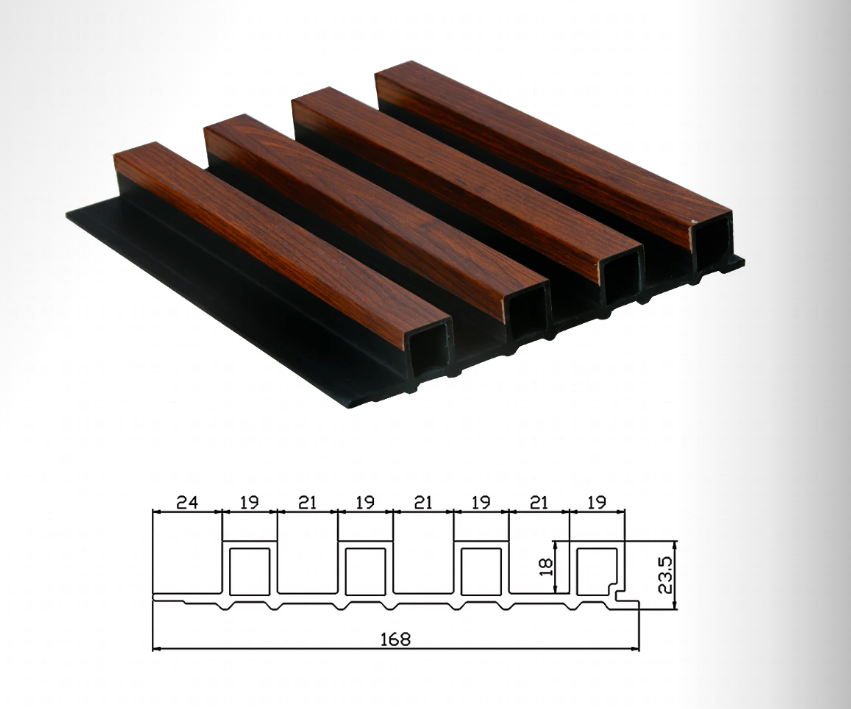 Technical drawing of 168mm semi-coated WPC great wall panel with 23.5mm thickness, featuring a black base and 3D wood grain slats for high-contrast interior wall decoration.
