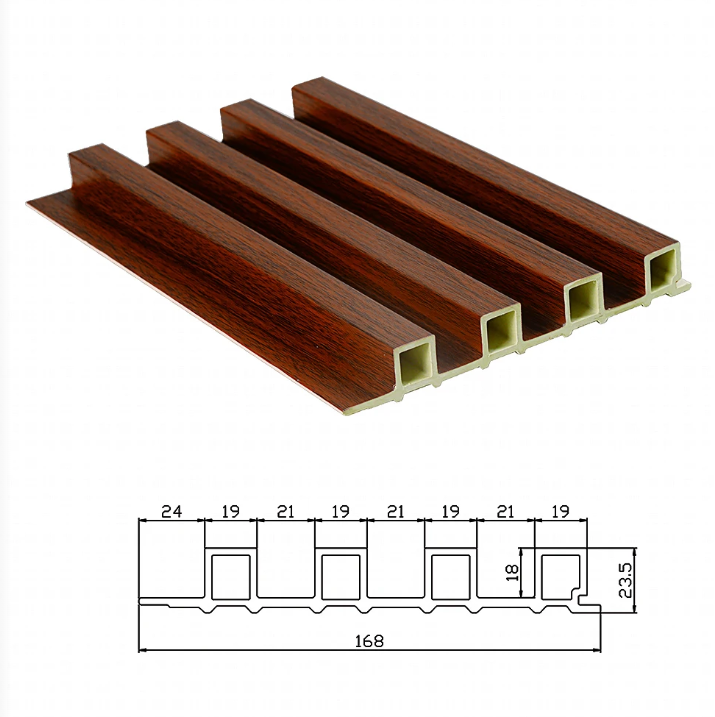 Technical drawing of 168mm WPC Great Wall Panel with 23.5mm thickness and 4-slat structure, featuring a rich dark walnut wood grain finish for interior wall decoration