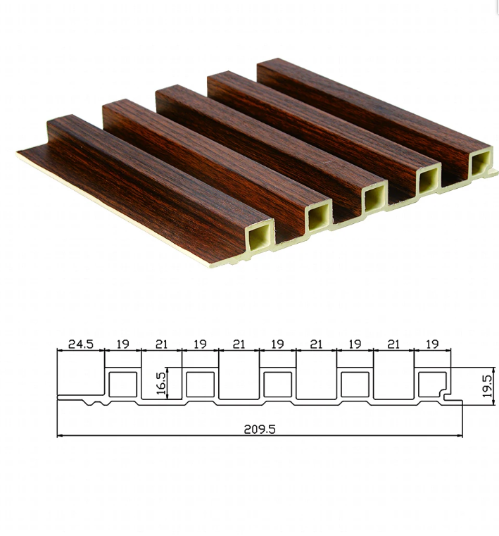 Technical blueprint of 200mm WPC Great Wall Panel (209.5mm actual width) with 19.5mm thickness and 5-slat structure, featuring a classic dark wood grain finish for large-scale interior wall cladding.