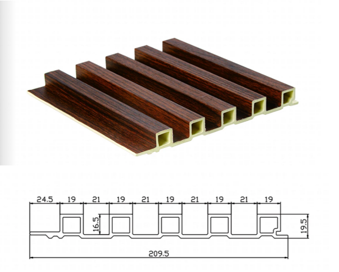 Product showcase and technical drawing of a 210mm WPC Great Wall Panel (209.5mm actual width) with 19.5mm thickness and 5-slat structure, featuring a dark walnut wood grain finish.