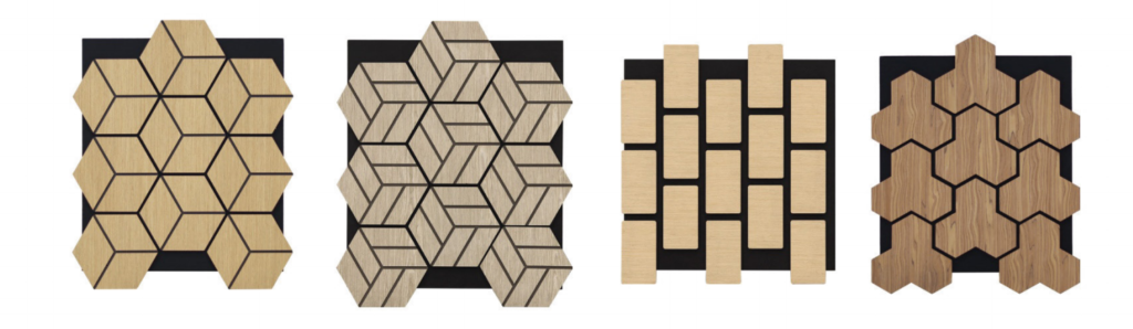 3D geometric wood acoustic panels in various artistic patterns, featuring cube and interlocking designs for professional studio acoustics.