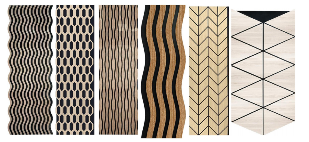 Dimensions and structure of 3D acoustic slat panels, including 600x2400mm size and high-density felt details.