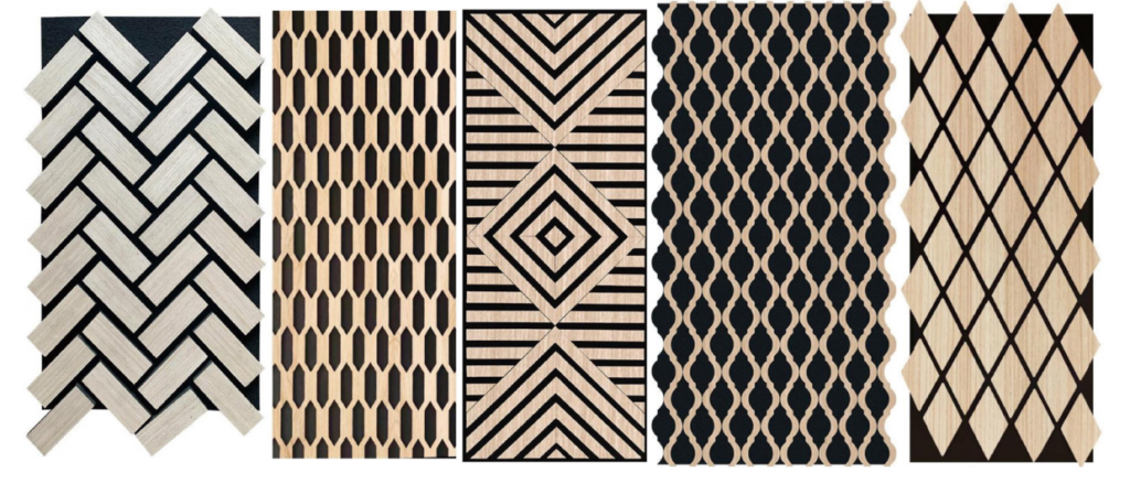 Architectural 3D acoustic panels with herringbone and diamond patterns for high-end interior soundproofing.