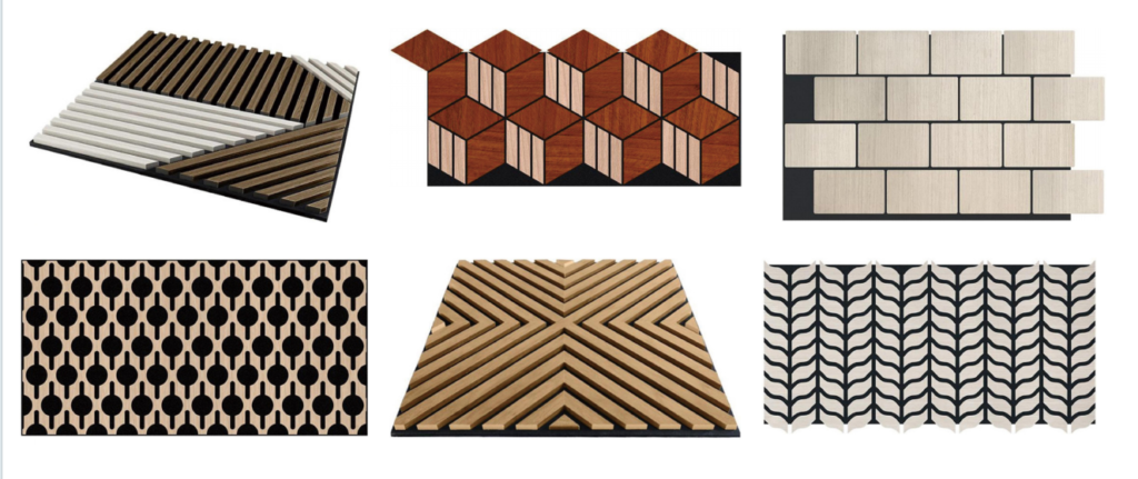 Architectural 3D acoustic panels featuring herringbone and diamond patterns for high-end interior soundproofing