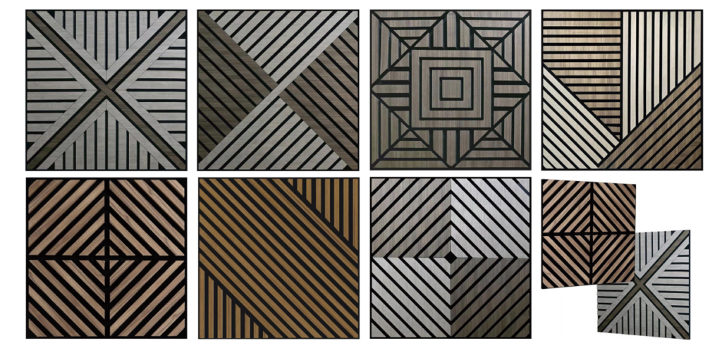 3D geometric wood acoustic panels with interlocking cube and honeycomb patterns for artistic studio wall decor.