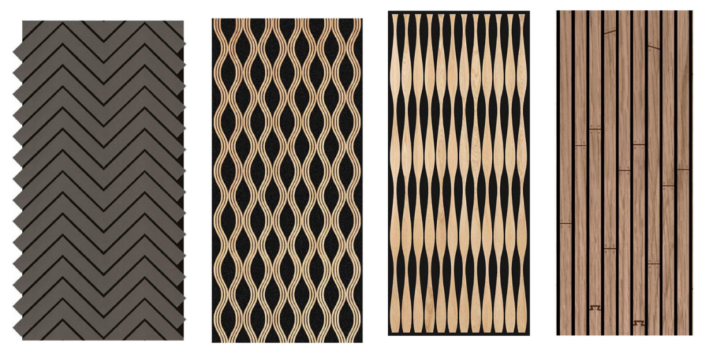 Decorative 3D wave acoustic panels and curved wood slats for professional sound diffusion and architectural aesthetics