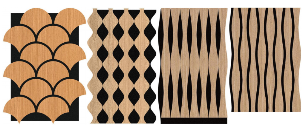 Custom 3D sculptural acoustic panels with multi-directional slats and textured geometric surfaces.