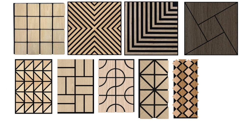 Architectural 3D acoustic panels featuring herringbone and diamond patterns for high-end interior soundproofing.