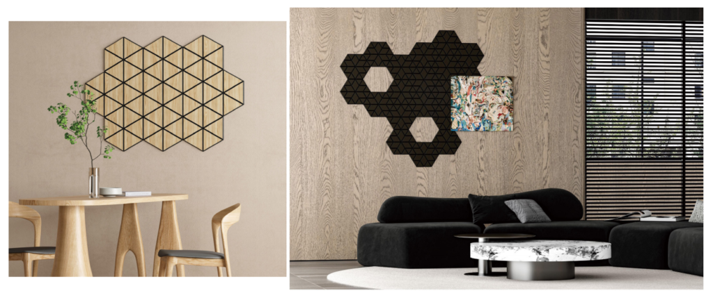 Creative 3D hexagon wall art installations in bedroom and dining room settings for acoustic and aesthetic enhancement.