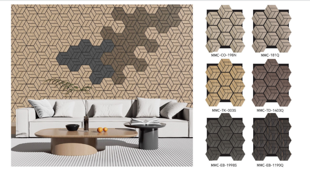 Creative 3D hexagon wall art installations in bedroom and dining room settings for acoustic and aesthetic enhancement.