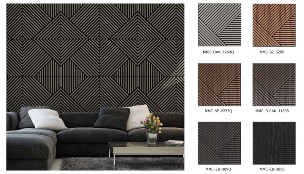 Architectural 3D acoustic panels featuring herringbone and diamond patterns for high-end interior soundproofing.