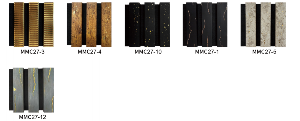Luxury artistic wood slat panel finishes featuring gold-marbled textures, metallic accents, and stone patterns for premium accent wall design.