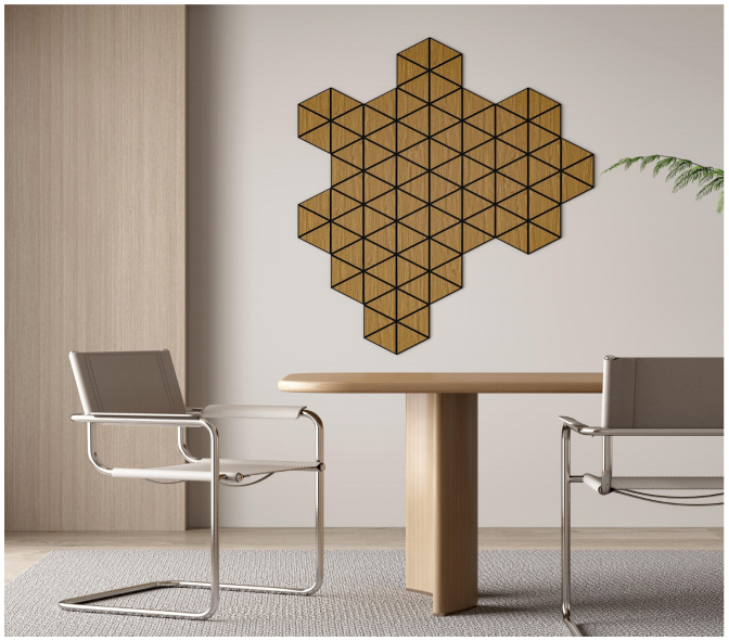 Acoustic slat wood panel cross-section diagram showing wood veneer, high-density MDF core, and sound-absorbing polyester fiber backing