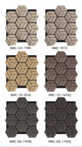 Collection of acoustic slat wood wall panels featuring different designs and wood textures like Silk Walnut and Modern Grey Oak for interior sound absorption