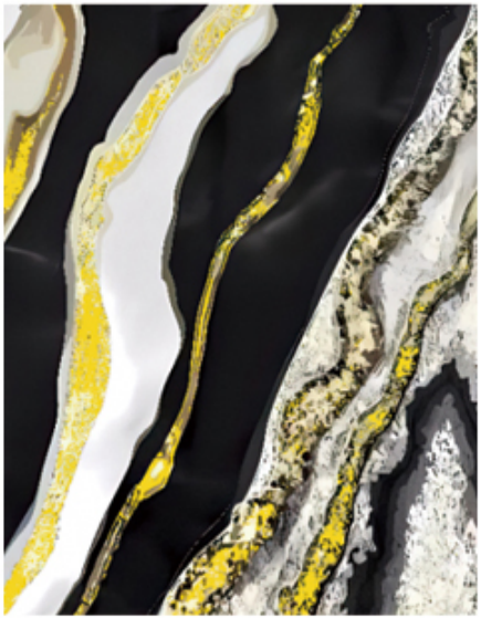 Modern Black Gold Abstract Onyx texture with vibrant yellow and white flowing veins for luxury high-gloss PVC UV wall panels and nightclub interior decor.