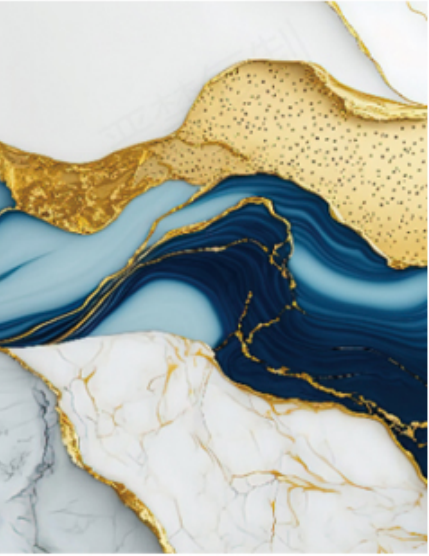 Artistic Blue Mountain Gold Agate marble texture with flowing deep blue waves and golden speckled peaks for luxury PVC UV wall panels and feature walls.