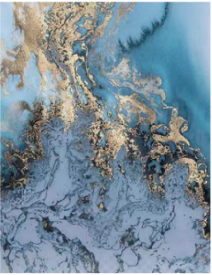 Luxury Golden Shore Blue Onyx marble texture with sparkling gold sand particles and light blue smoke ink veins for high-gloss PVC UV wall panels and artistic feature walls.