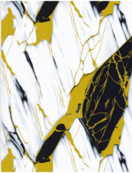Modern Artistic Golden Zebra marble texture with bold black patches and yellow veins for high-gloss PVC UV wall panels and creative interior decor.