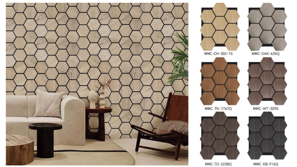 Modern living room featuring a hexagon acoustic wood slat wall with color options in Natural Oak, Teak, and Walnut for stylish sound insulation.