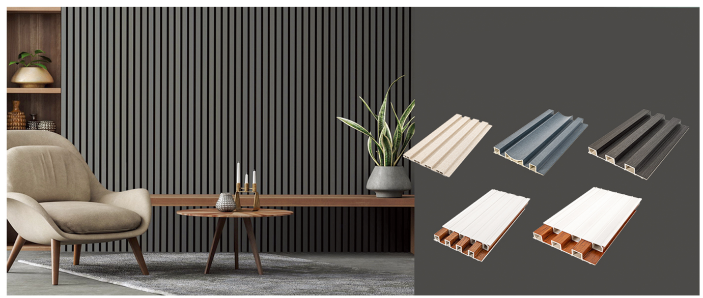 Interior living room scene featuring modern grey WPC fluted wall panels with a collection of waterproof decorative cladding samples in various wood grain finishes