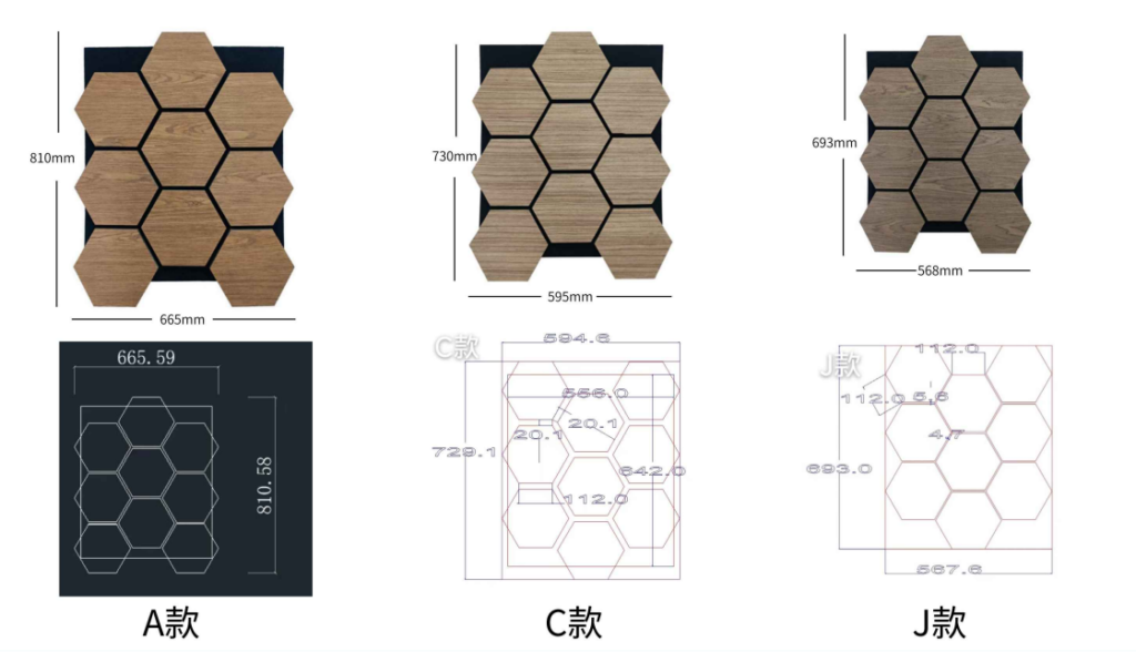 Hexagon acoustic panels made of high-density polyester felt, available in multiple colors for creative soundproof wall decor.